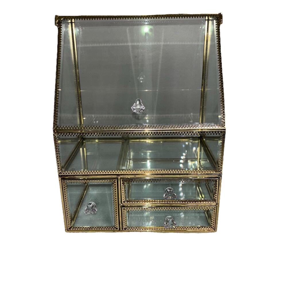 Gold Glass And Brass Makeup Organizer Vanity Display Cabinet 3 Drawers Crystal
